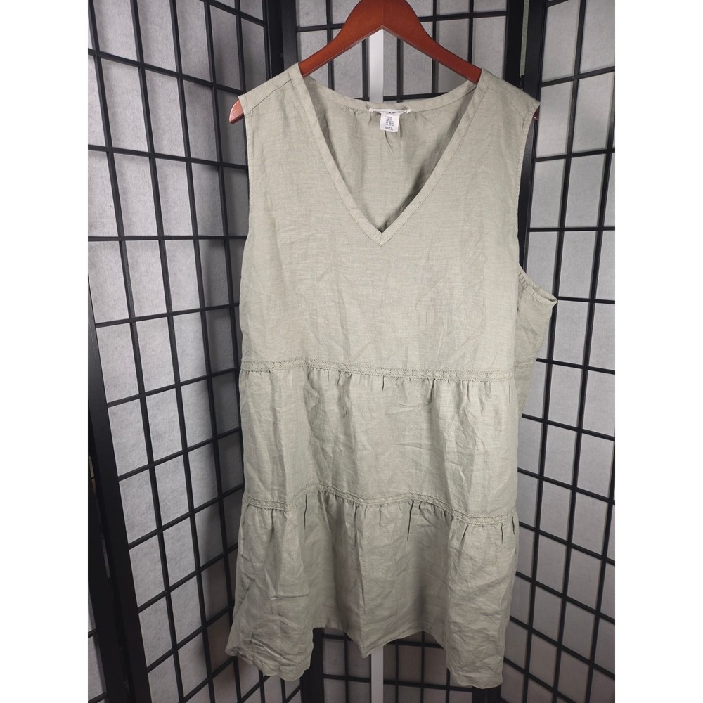 Lucky Brand Womens 2X Sage Green 100% Linen Tiered Crochet Trim V-Neck Tunic Top